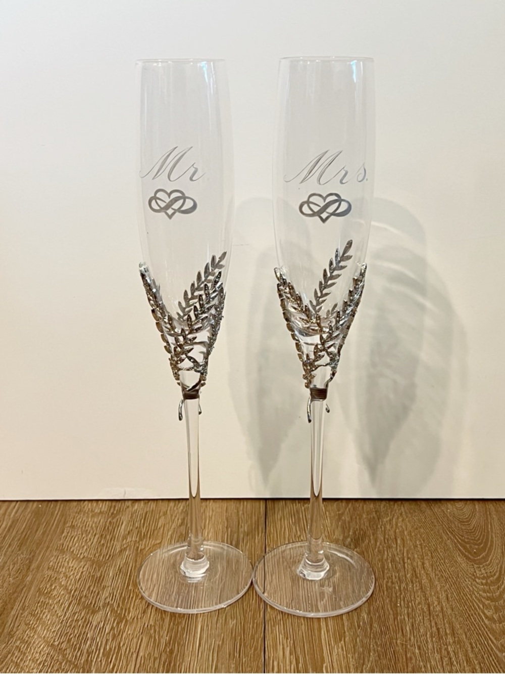 Great Condition Things Remembered Mr. and Mrs. Silver Leaf Champagne Flutes